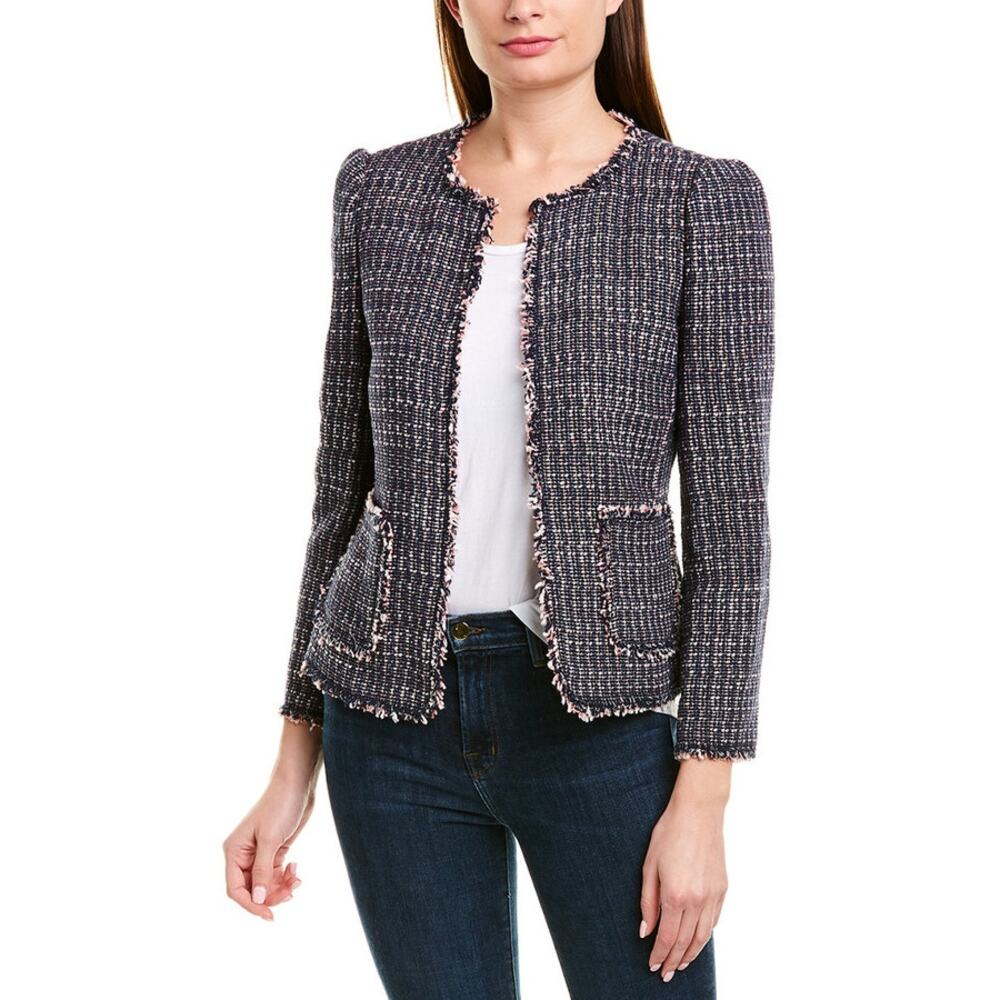 REBECCA TAYLOR Navy Blue & Pink Tweed Fringe Blazer Jacket Size 2